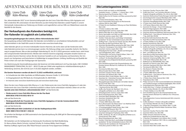 Adventskalender der Kölner Lions 2022 (Vorverkauf)